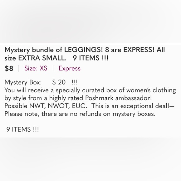 Mystery bundle of LEGGINGS! 8 are EXPRESS! All size EXTRA SMALL. 9 ITEMS !!!
$8 - Picture 2 of 2